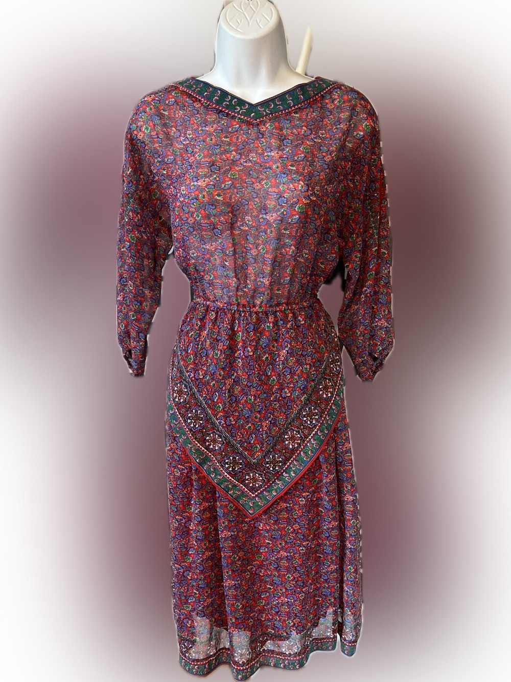 Vintage 70s Boho Red Floral Semi-Sheer Midi Dress with Handkerchief Hem